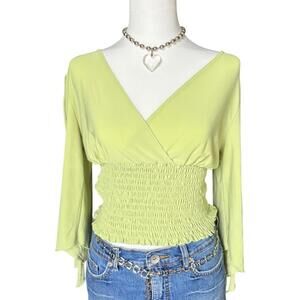 2000s light green smocked top with flowy open sleeves